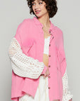 POL Openwork Lantern Sleeve Button Down Gauze Shirt