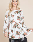 Super Lady Full Size Babydoll Floral Boat Neck Long Sleeve Blouse