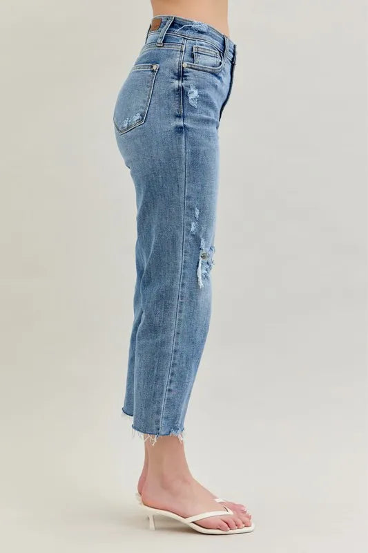 Judy Blue Full Size High Waist Destroy Crop Wide Leg Jeans Plus Size
