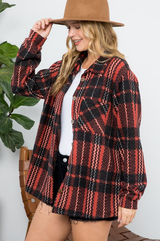 e Luna PLUS Fuzzy Plaid Button Down Shacket