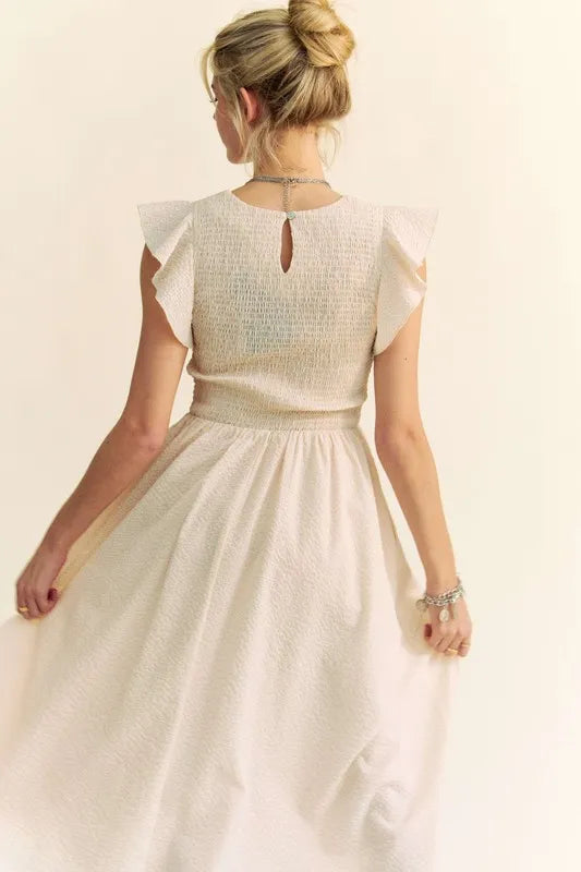 Davi & Dani Ruffled Cap Sleeve Smocked Mini Dress in Cream