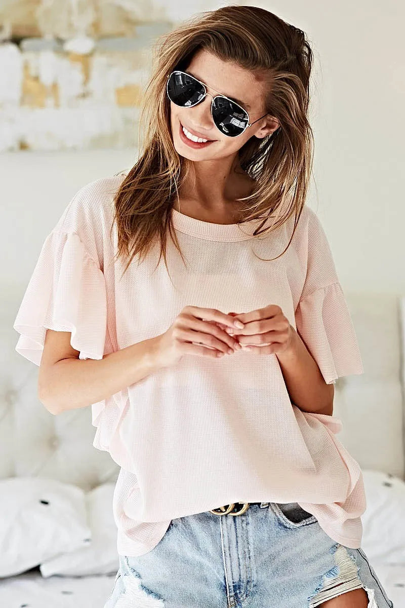 BiBi Thermal Knit with Ruffled Sleeve Top in Pink