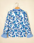 Floral Stripe Patchwork V-Neck Flounce Sleeve Blouse
