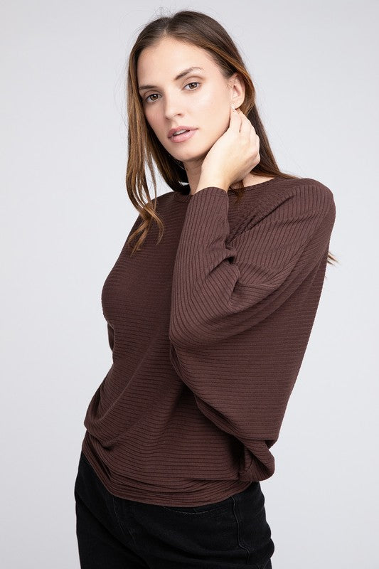 Zenana Ribbed Batwing Long Sleeve Boat Neck Sweater