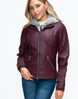 YMI Faux Layered Double-Zipper Jacket with Fuzzy Hood