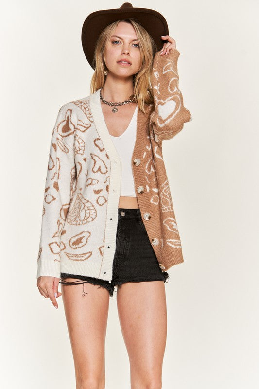 Jade By Jane Heart Paisley Color Block Cardigan