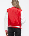 Love Me Now PU Leather Contrast Snap Down Bomber Jacket