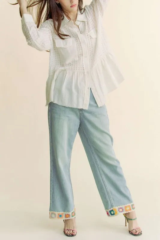 Davi & Dani Garment Washed Jacquard Button Front Shirt in White
