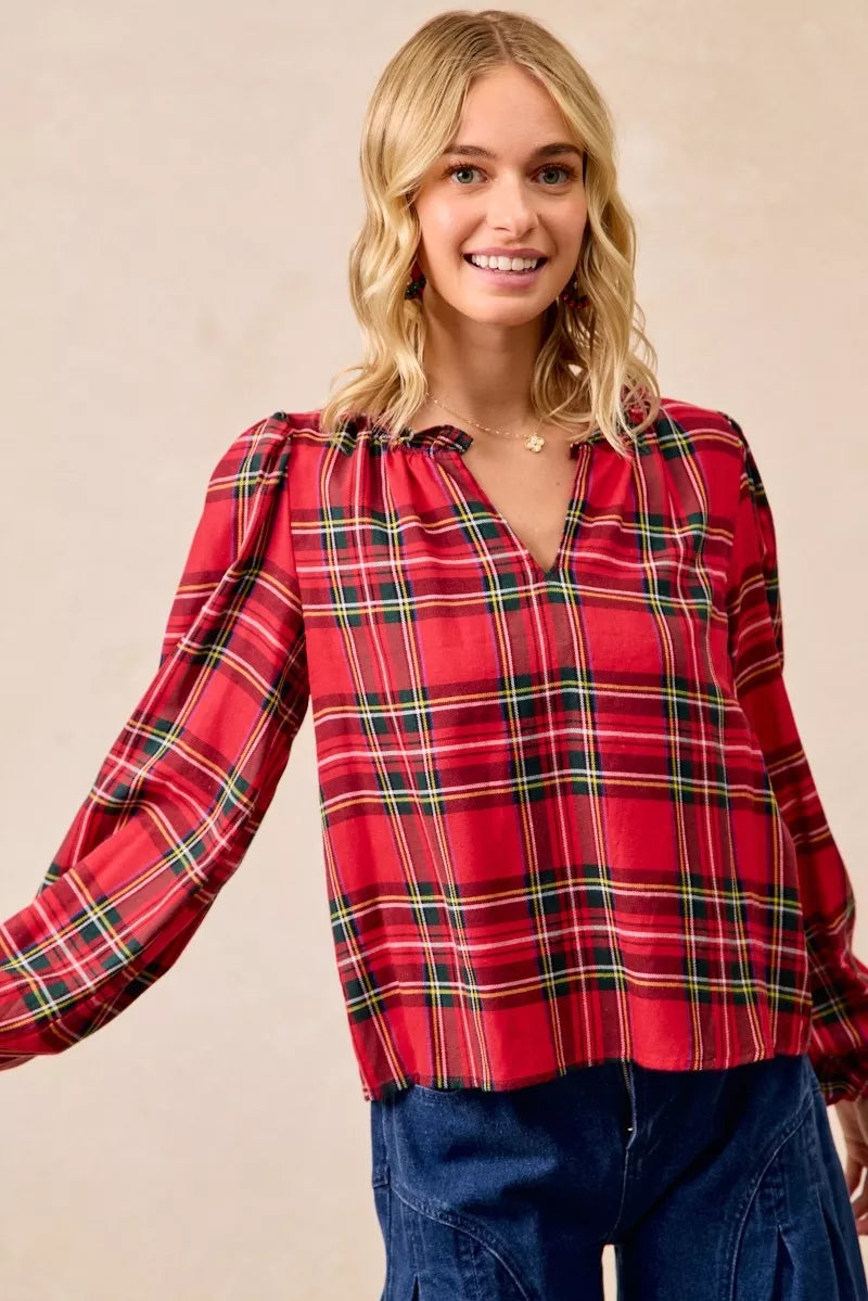 BiBi Christmas Plaid Balloon Sleeves Ruffled V-Neck Top