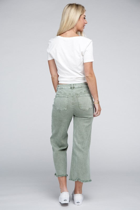 Zenana Acid Washed High Waist Frayed Hem Straight Pants