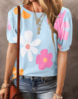 Women Pink Flower Print Bubble Sleeve Tee