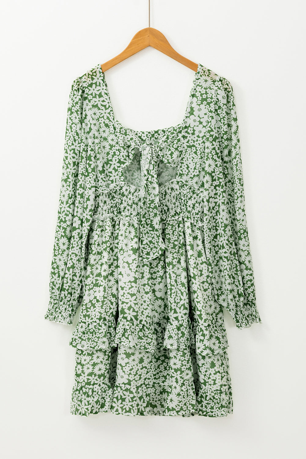 Floral Square Neck Shirred Waist Ruffle Dress