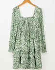 Floral Square Neck Shirred Waist Ruffle Dress