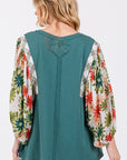 SAGE + FIG Full Size Printed Balloon Sleeve Contrast Top