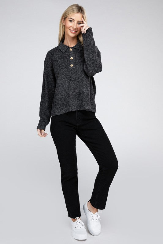 Zenana Brushed Melange Hacci Collared Sweater