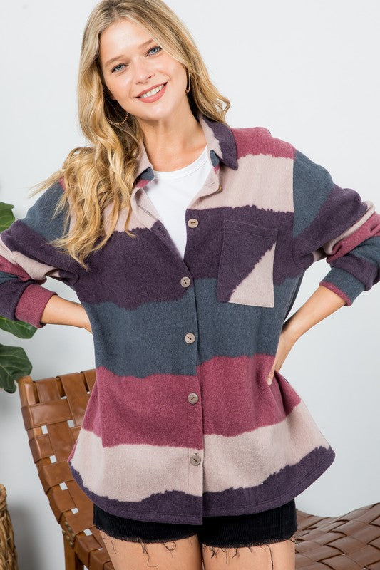 e Luna Fuzzy Striped Button Down Shacket