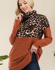 Celeste Full Size Curved Hem Leopard Turtleneck Long Sleeve Blouse