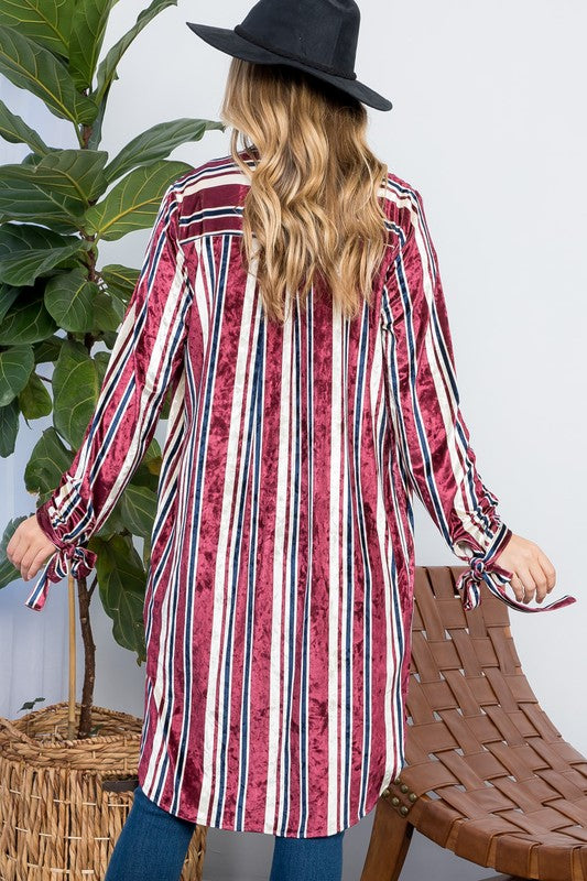 e Luna Striped Velvet Long Cardigan