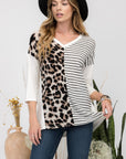 Celeste Full Size Front Leopard and Striped Print V-Neck T-Shirt