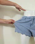 Solid Denim Scalloped Trim High Waist Shorts
