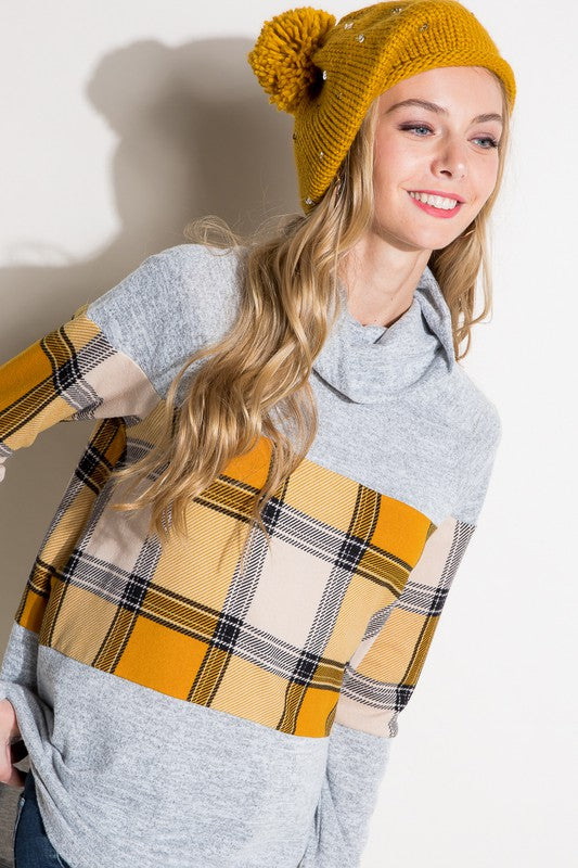 e Luna Plaid Mixed Turtle Neck Top