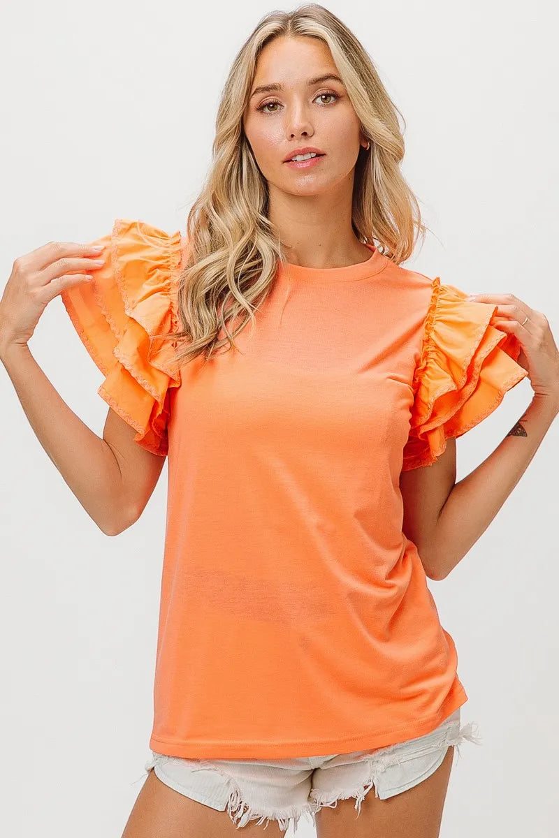 BiBi Knit Top Woven Ruffle Tiered Sleeves in Apricot