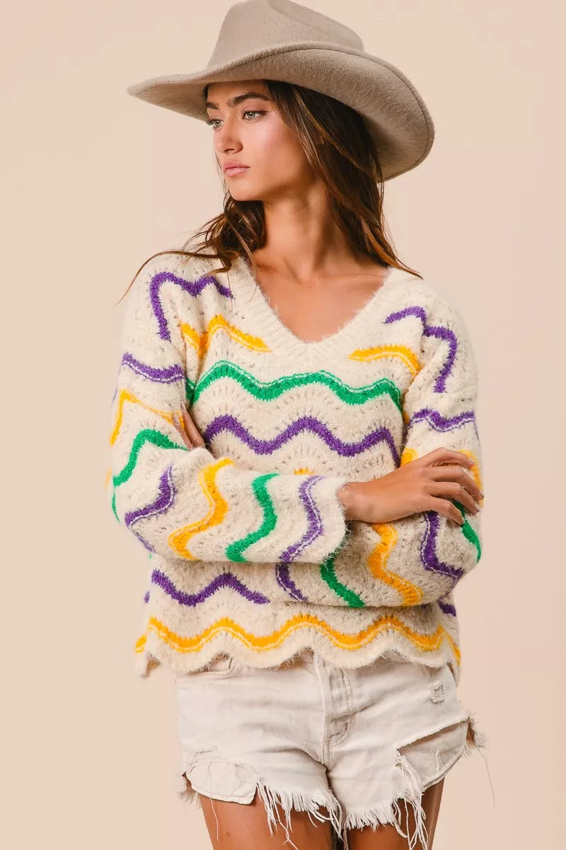 BiBi Mardi Gras Wavy Stripes V-Neck Sweater