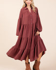 Mittoshop Tiered Button Down Long Sleeve Midi Dress