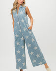 BiBi Star Print Half Zip Sleeveless Denim Jumpsuit