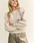 Davi & Dani Crochet Strawberry Round Neck Sweater