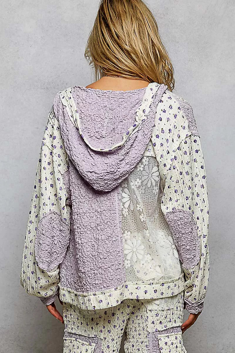 POL Floral Balloon Sleeve Hooded Lace Jacket with Stitch Detail