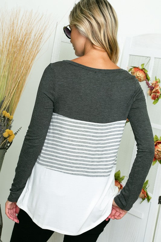 e Luna Solid Striped Colorblock Casual Top