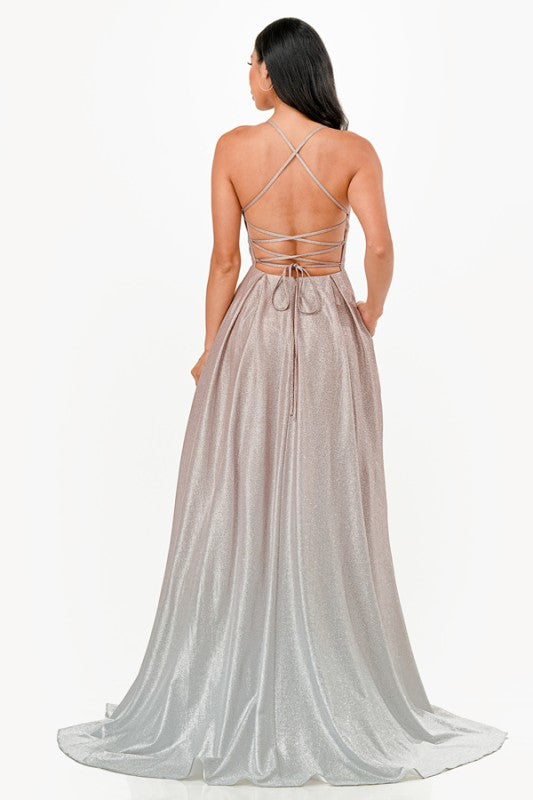 La Scala Back Lace Up Glitter Ombre Gown