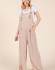 BOMBOM Knot Straps Wide Leg Ribbed Overalls with Pockets