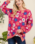 Celeste Full Size Side Slit Flower Print Long Sleeve Top