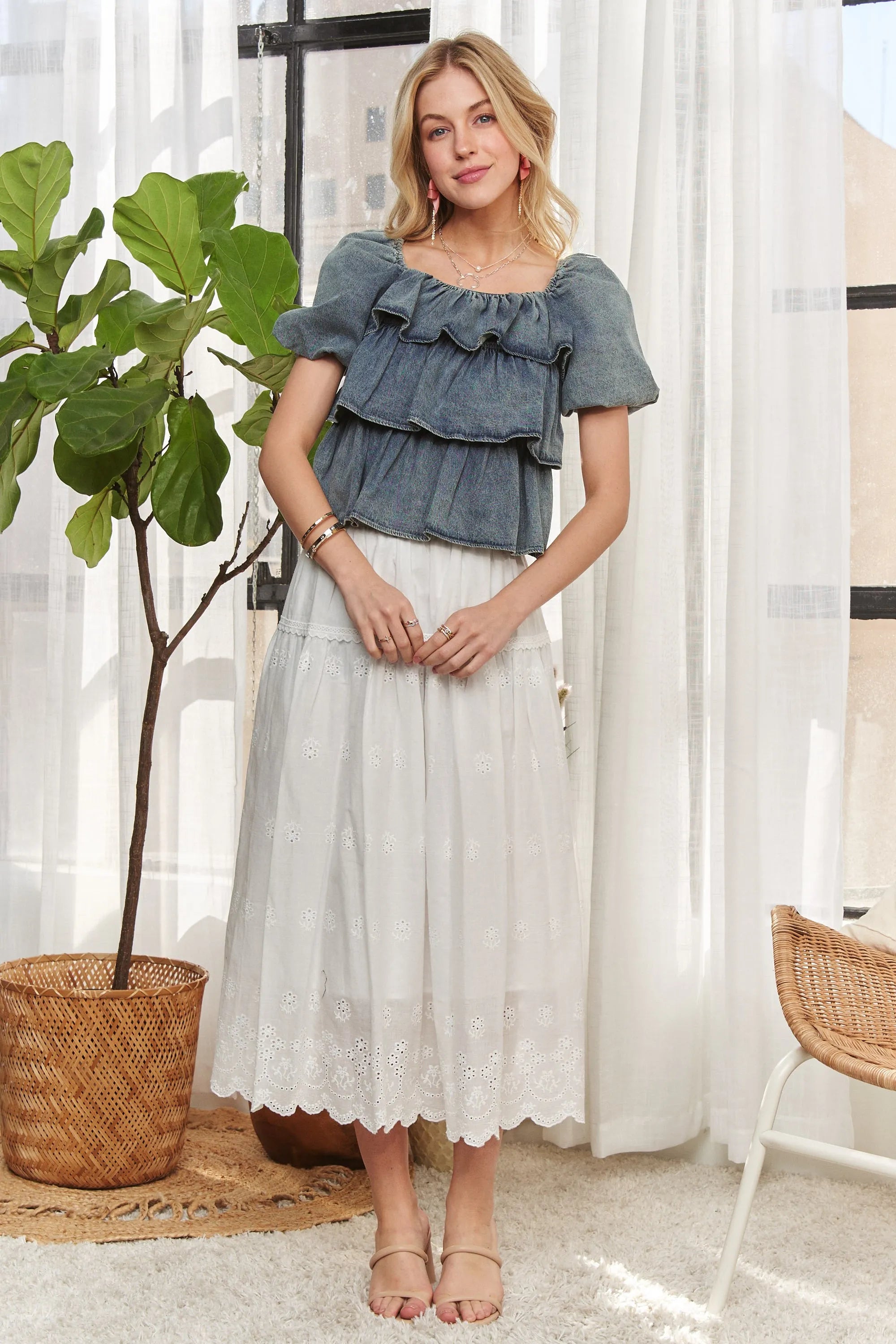 ADORA Washed Denim Layered Ruffle Blouse