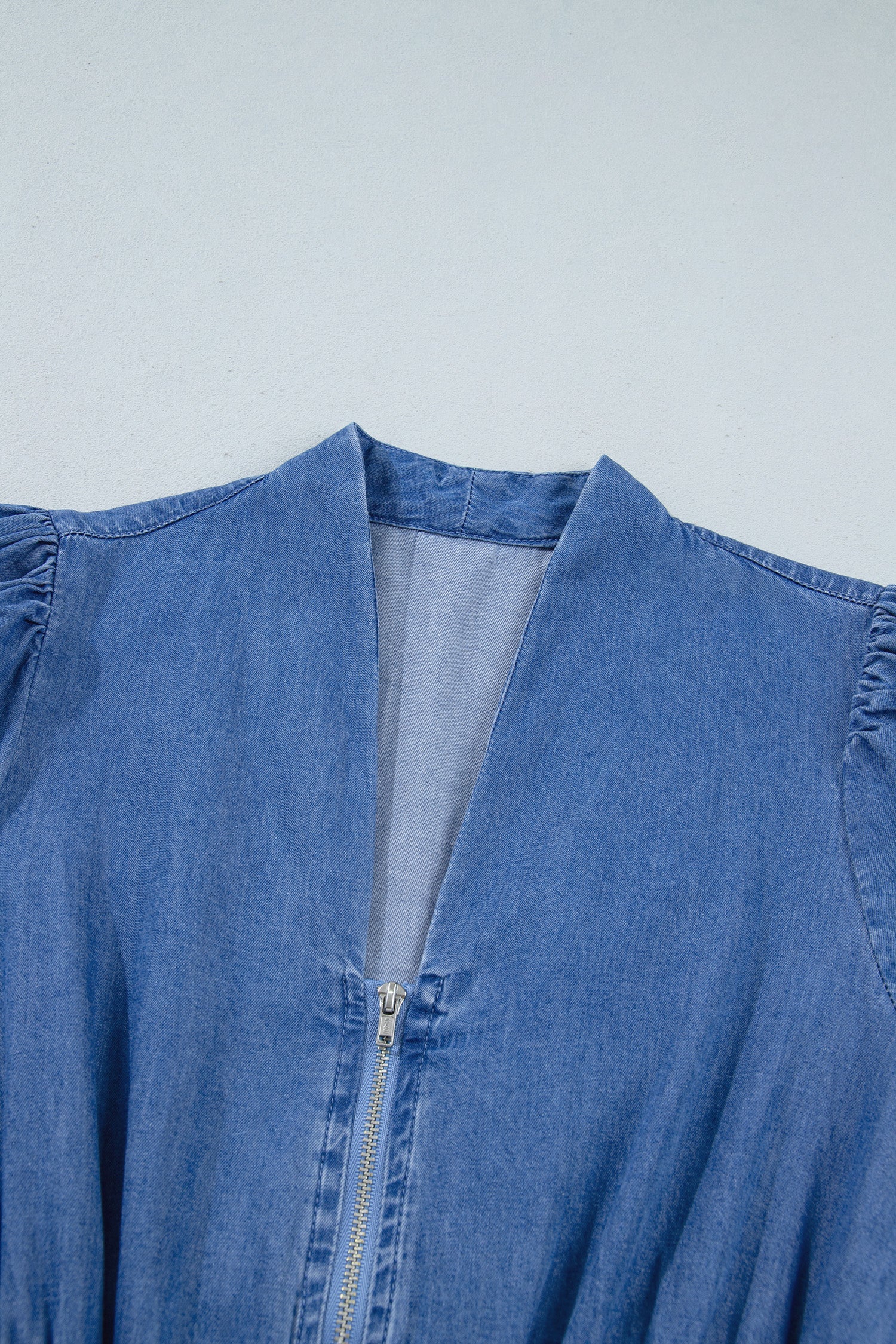 Denim Shirred Waist Zip-Up V-Neck Midi Dress