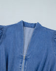 Denim Shirred Waist Zip-Up V-Neck Midi Dress