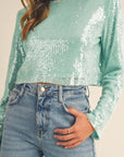 MABLE Shoulder Padded Sequin Crop Top