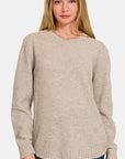 Zenana Ful Size Round Neck Long Sleeve Curved Hem Sweater