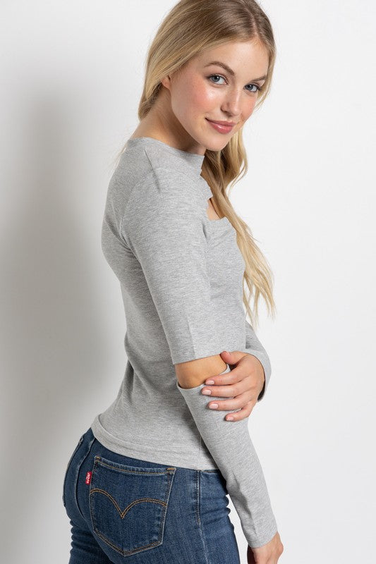 Ribbed Fitted Long Sleeve Top with Chest Cutout