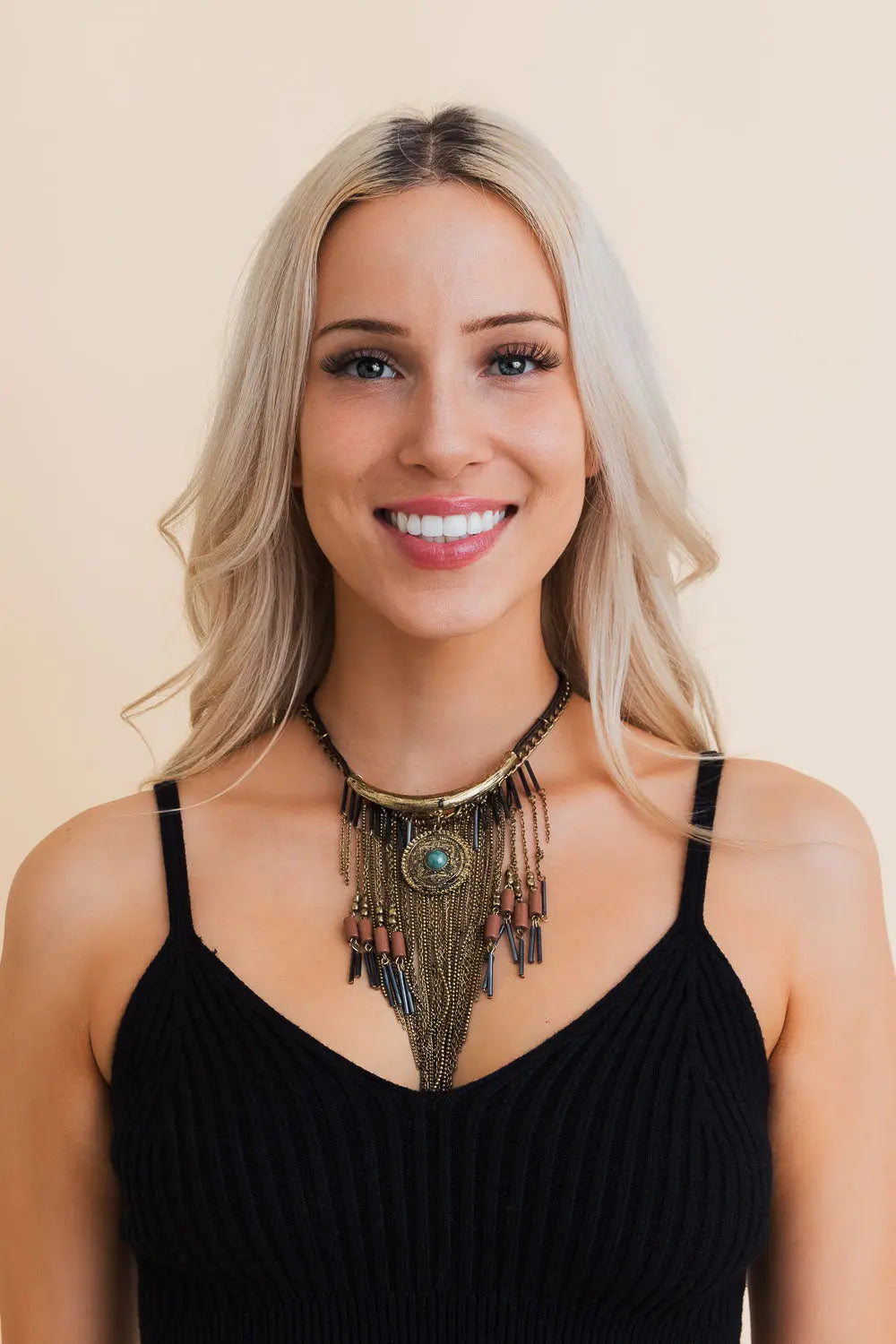 Antique Gold Tone Turquoise Fringe Necklace