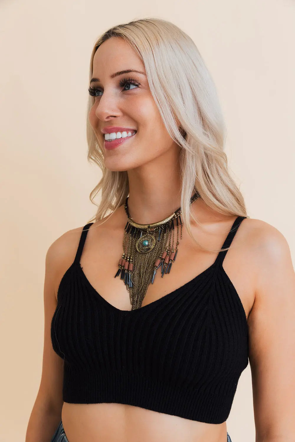 Antique Gold Tone Turquoise Fringe Necklace