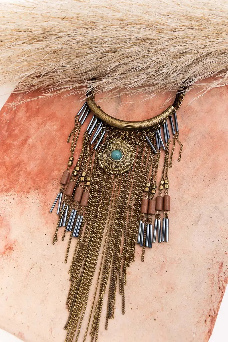Antique Gold Tone Turquoise Fringe Necklace