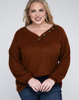 Zenana Plus Brushed Waffle V-Neck Button Detail Sweater