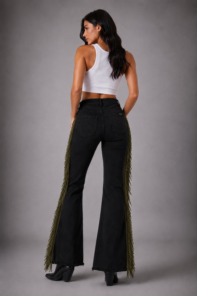 GJG Denim Texas Sun Bell Bottom Jeans — Black with Olive Fringe
