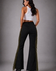 GJG Denim Texas Sun Bell Bottom Jeans — Black with Olive Fringe