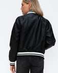 Love Me Now PU Leather Contrast Snap Down Bomber Jacket