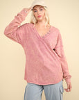 VERY J Washed V-Neck Exposed Seam Knit Top