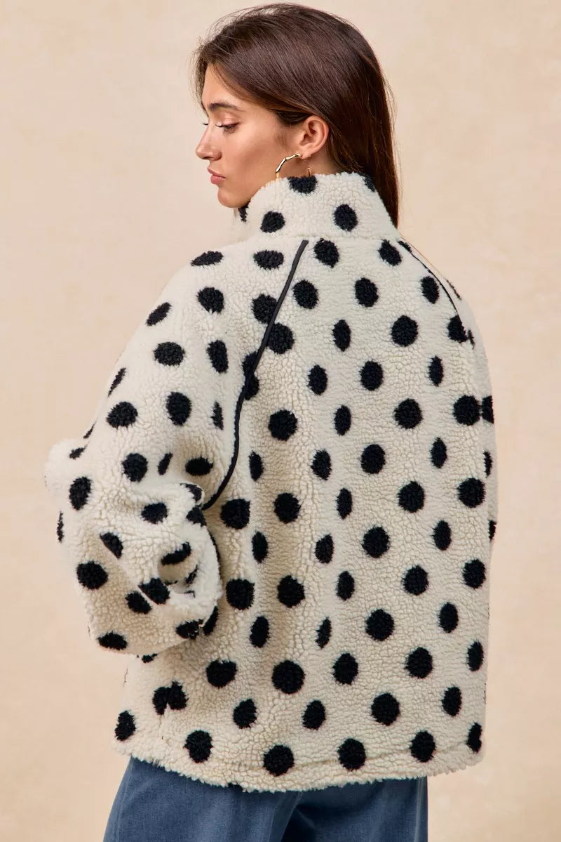 BiBi Polka Dot Sherpa Half Zip Up Top with Side Pocket